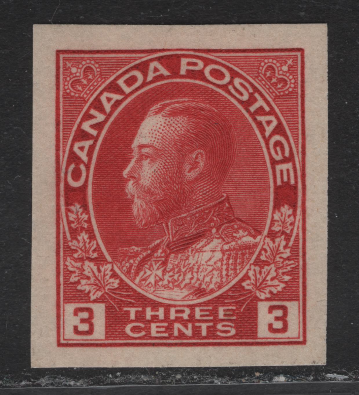 Lot 250 (C) Canada #138 3c Carmine Red King George V, 1924 Admiral Imperfoate Issue, A VFOG Imperf Single, Die 1, Dry Printing, Paper ABN-G, Design Sizr 17.8x21.4.