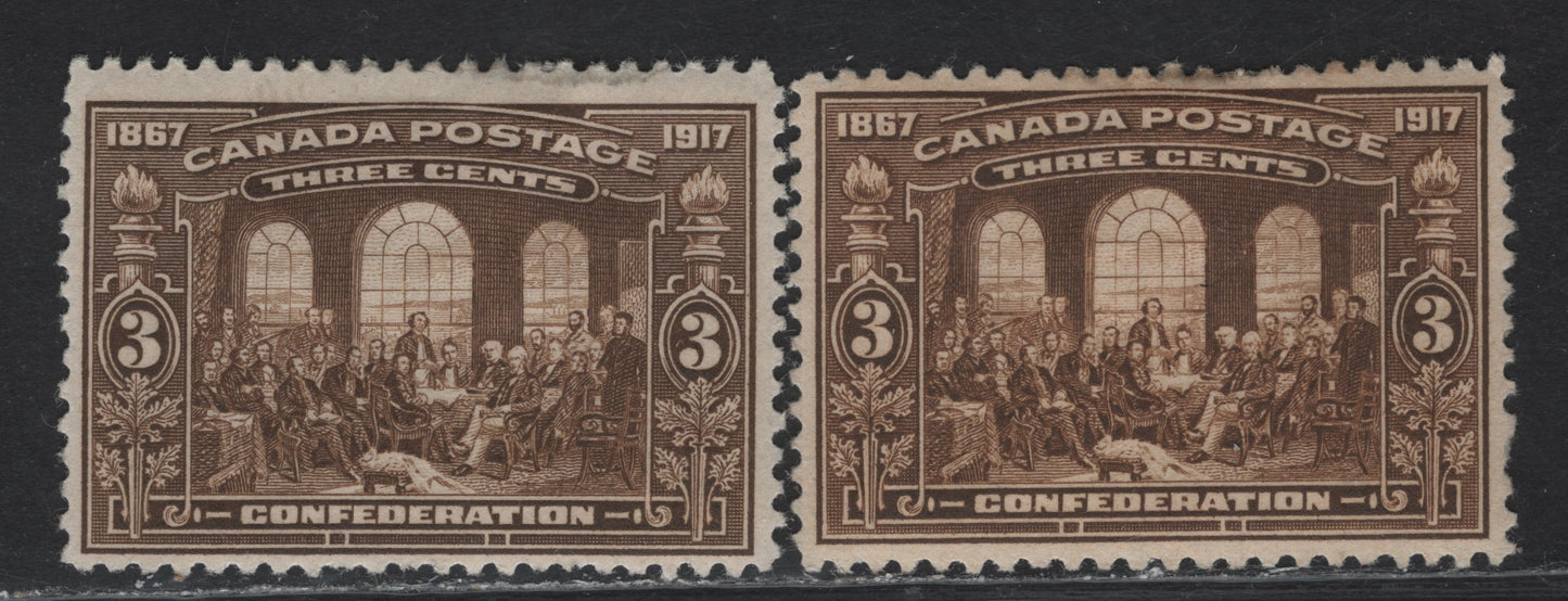 Lot 255 (C) Canada #135 3c Yellowish Brown & Brown Fathers of Confederation, 1917 50th Anniv of Confederation Issue, 2 F/VFOG Singles, Paper ABN-A, Perfs 11.9 & 12x11.9