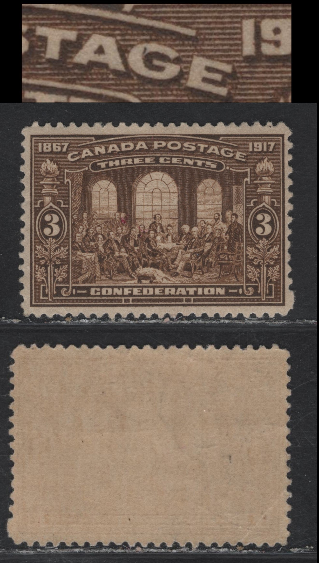 Lot 256 (C) Canada #135 3c Brown Fathers of Confederation, 1917 50th Anniv of Confederation Issue, A FOG Single, Paper ABN-A, Perf 12, VF Centering, Light Diagonal Corner Crease, Small Line In G of Postage.
