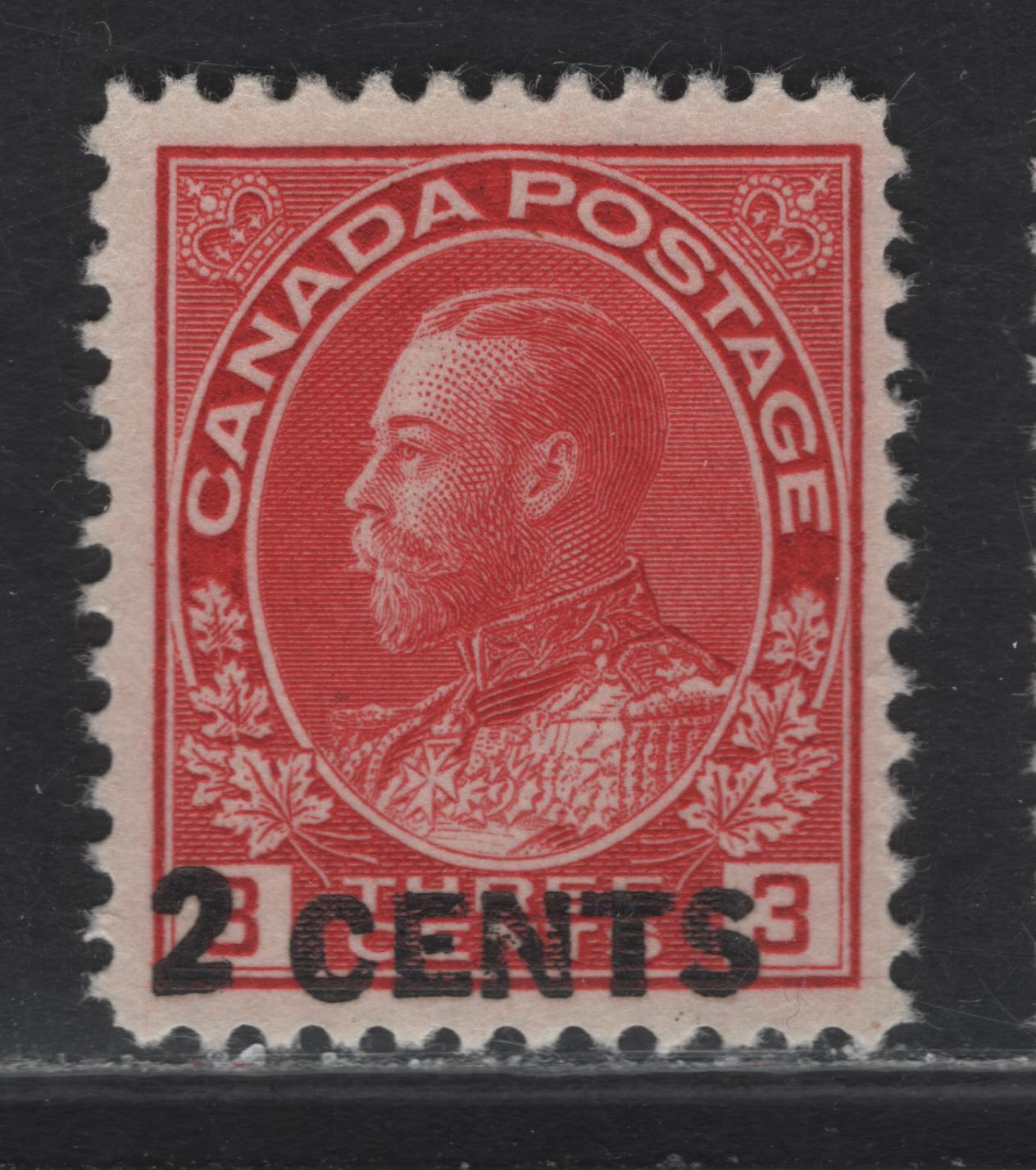 Canada #139 2c on 3c Bright Carmine Red King George V, 1926 Admiral Provisional Issue, A FOG Single, Paper ABN-O