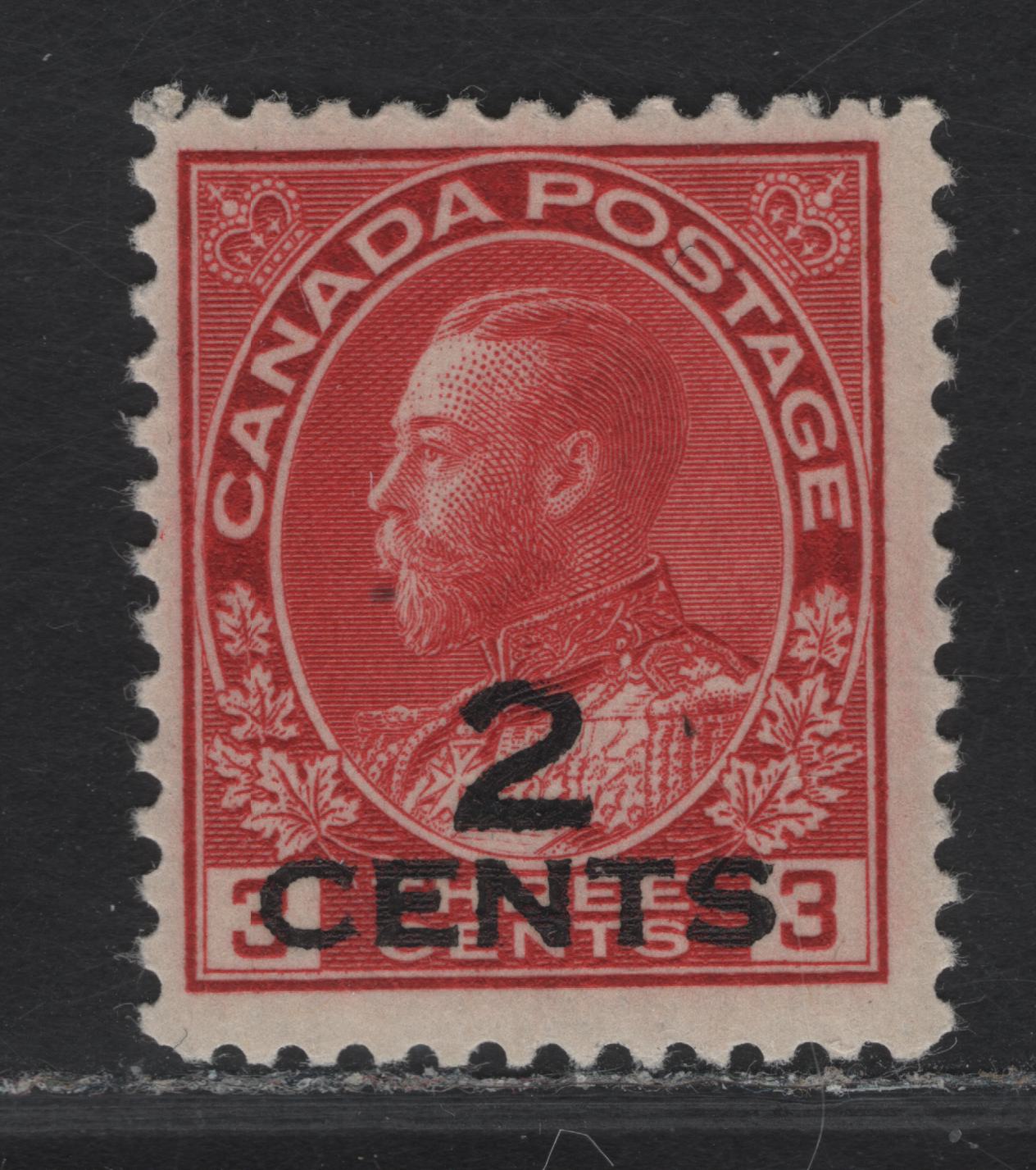 Canada #140 2c on 3c Deep Carmine Red King George V, 1926 Admiral Provisional Issue, A FOG Single, Paper ABN-J, Perf 12x11.9