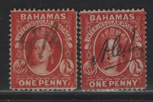 Lot 27 (C) Bahamas SG#33 1d Scarlet & Scarlet Vermillion Queen Victoria, 1863-1877 Chalon Heads Issue, 2 Very Fine Used Singles, Crown CC Wmk, Perf 14