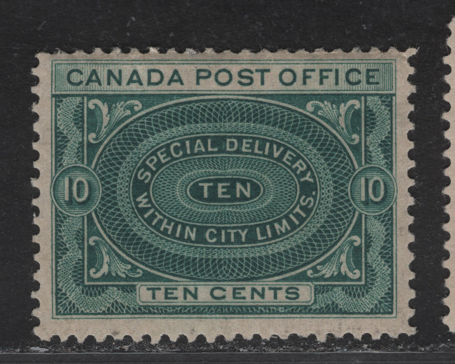 Lot 280 Canada #E1 10c Blue Green - Rose Carmine Special Delivery, 1898 Special Delivery Issue, A FOG Single, Paper ABN-A, Perf 12x11.8