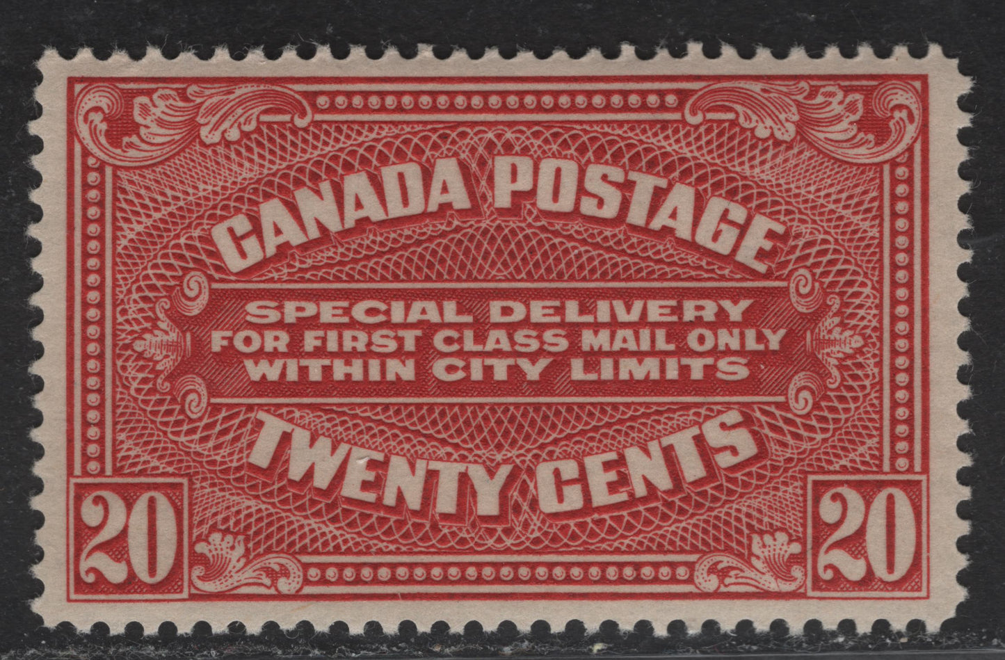 Lot 281 Canada #E2 20c Carmine Red Special Delivery, 1922 Special Delivery Issue, A VFOG Single, Paper ABN-MMM, Perf 12x11.9, Dry Printing, Design Size 41.8x25.4mm.