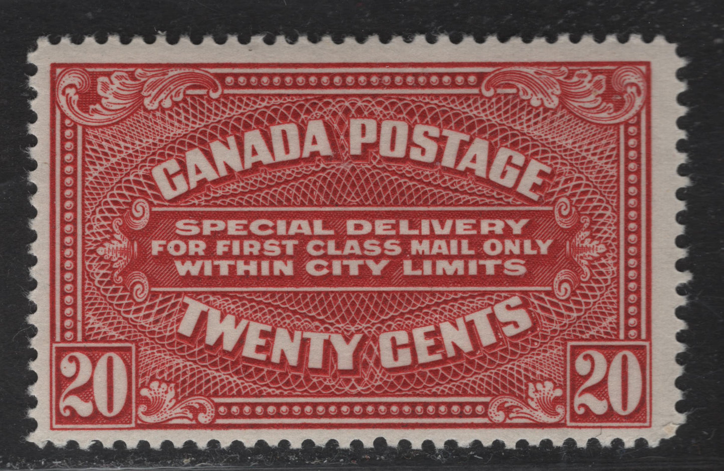 Lot 282 Canada #E2 20c Carmine Special Delivery, 1922 Special Delivery Issue, A FOG Single, Paper ABN-MMM, Dry Printing, Perf 11.95.