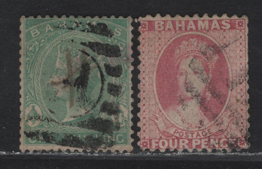 Lot 29 (C) Bahamas SG#41, 44 4d - 1/- Rose - Blue Green Queen Victoria, 1882-1898 Queen Victoria Sidefaces & Chalon Heads Issue, 2 Very Good/Fine Used Singles, Perfs 12 (4d) & 14, Crown CA Wmk, Clipped Perfs On 4d.