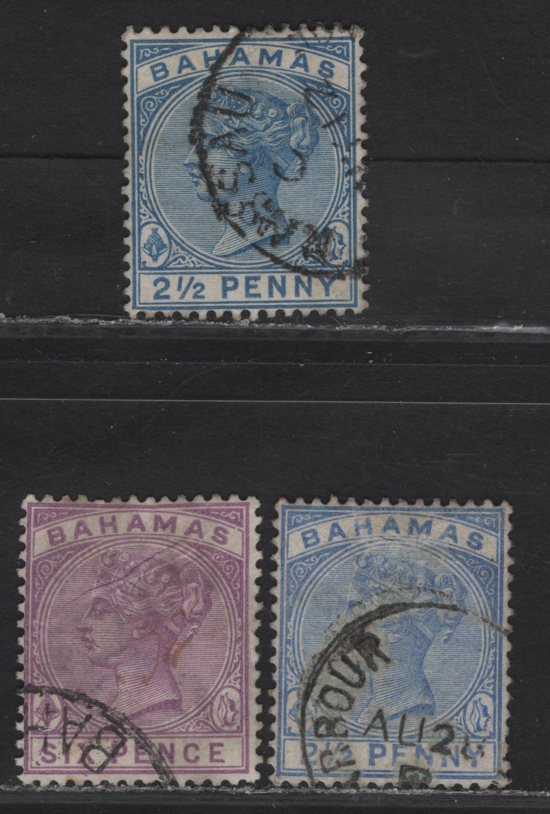 Lot 30 (C) Bahamas SG#50, 52, 54 2.5d - 6d Dull Blue - Mauve Queen Victoria, 1884-1890 Queen Victoria Keyplates, 3 Fine/Very Fine Used Singles, Crown CA Wmk, Internal Wrinkles On 6d