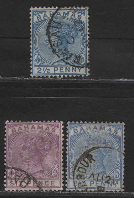 Lot 30 (C) Bahamas SG#50, 52, 54 2.5d - 6d Dull Blue - Mauve Queen Victoria, 1884-1890 Queen Victoria Keyplates, 3 Fine/Very Fine Used Singles, Crown CA Wmk, Internal Wrinkles On 6d