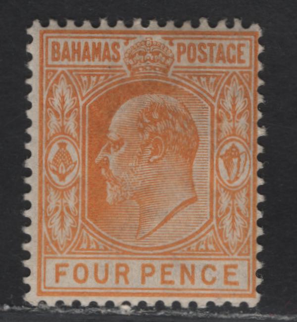 Lot 31 (C) Bahamas SG#64 4d Orange King Edward VII, 1902-1907 King Edward VII Keyplate, A FNH Single, Crown CA Wmk