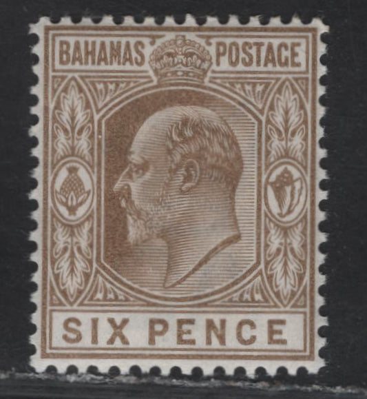 Lot 32 (C) Bahamas SG#66 6d Brown King Edward VII, 1902-1907 King Edward VII Keyplate, A VFNH Single, Crown CA Wmk