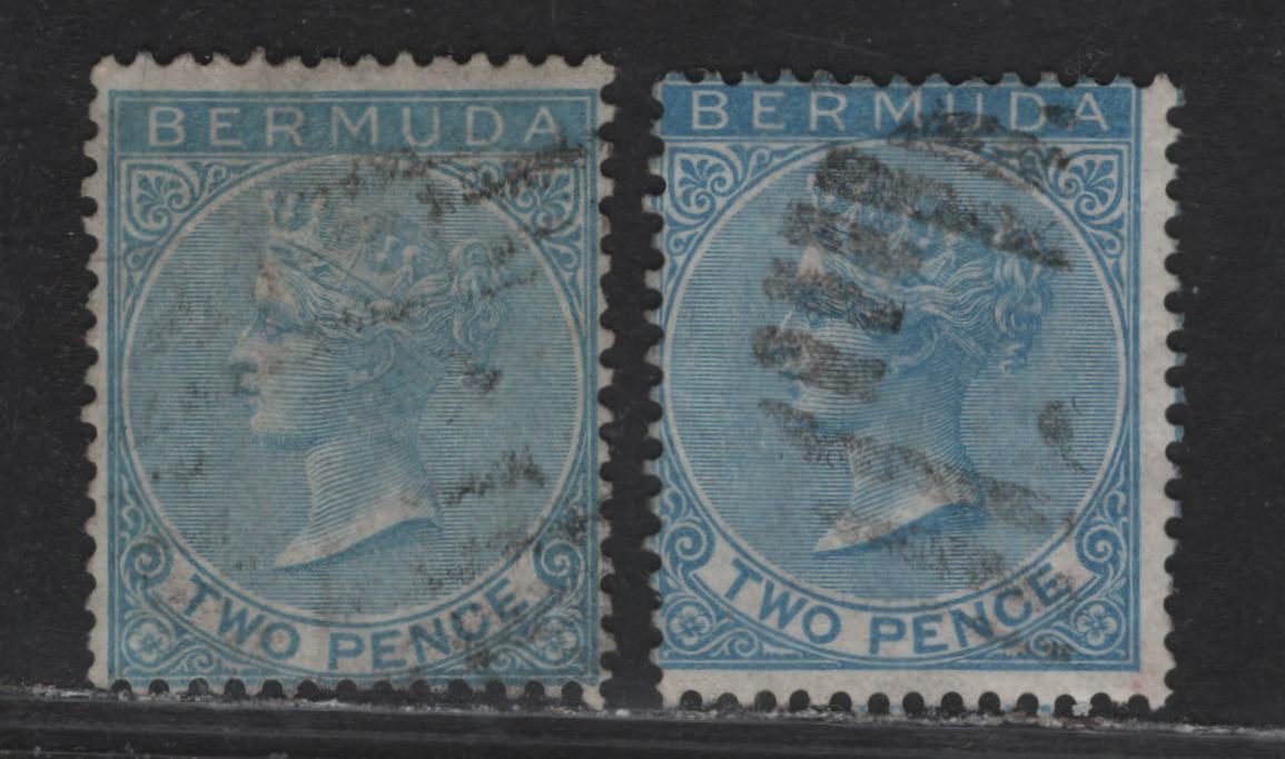 Lot 33 (C) Bermuda SG#3-4 2d Dull Blue - Bright Blue Queen Victoria, 1865-1903 Queen Victoria Keyplates, 2 Fine Used Singles, Fine Centering For This Issue