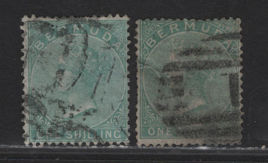 Lot 34 (C) Bermuda SG#8 1/- Green & Bluish Green Queen Victoria, 1865-1903 Queen Victoria Keyplates, 2 Good/Very Good Used Singles, Crown CC Wmk, Green Shade Has A Thin