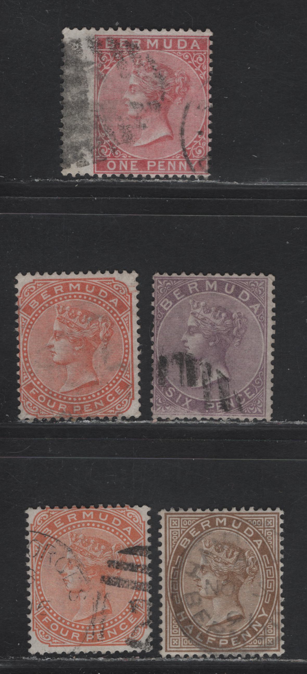 Lot 35 (C) Bermuda SG#2, 6, 19-20 1d - 6d Pale Rose - Dull Purple Queen Victoria, 1865-1903 Queen Victoria Keyplates, 4 Fine Used Singles, Crown CC Wmk, Two Shades Of 4d