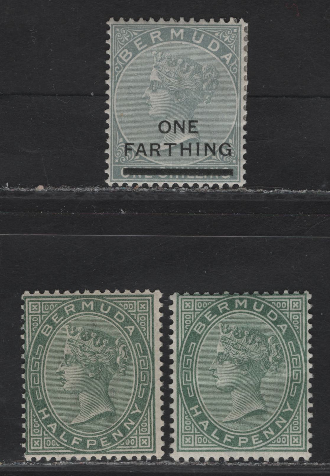 Lot 40 (C) Bermuda SG#21, 21a, 30b 1/2d - 1/4d on 1/- Dull Green & Deep Gray Green - Blue Gray Queen Victoria, 1883-1904 Queen Victoria Keyplates, 3 F/VFOG/NH Singles, 1/2d Deep Gray Green Is NH