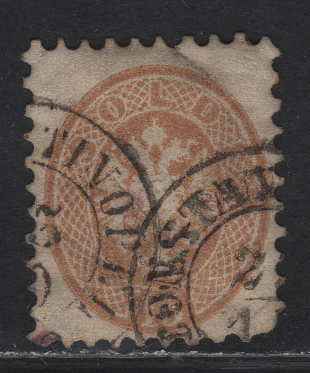 Lot 4 Austria SC#24 15s Yellow Brown Arms, 1863 Arms Issue, A Good Used Single, Perf 9.5 (2kr) & 14, Small Tear At Top