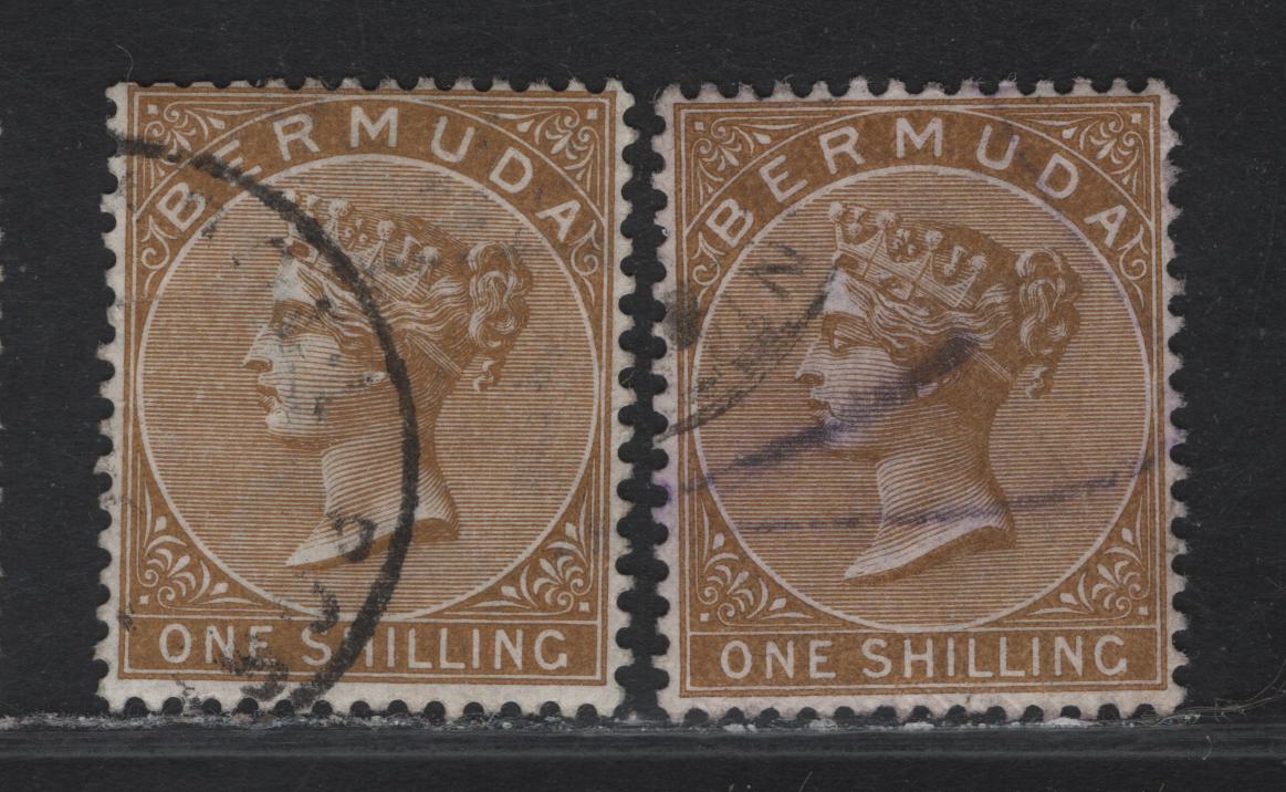 Lot 42 Bermuda SG#29, 29b 1/- Yellow Brown - Olive Brown Queen Victoria, 1883-1904 Queen Victoria Keyplates, 2 Fine/Very Fine Used Singles