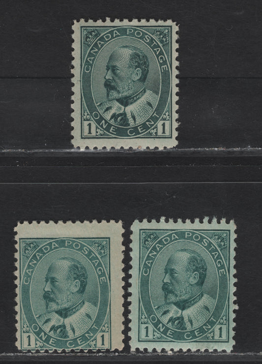 Lot 51 (C) Canada #89i, 89ii, 89iii 1c Deep Green - Blue Green King Edward VII, 1903-1908 King Edward VII Issue, 3 Very Good/Fine Used Singles, Papers ABN-A & ABN-C, Perfs 12, 12x11.9 & 12x11.8