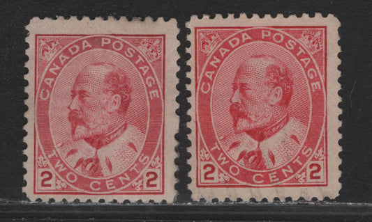 Lot 52A Canada #90i 2c Rose Carmine King Edward VII, 1903-1908 King Edward VII Issue, 2 Fine Used Singles, Scarce Thin Paper (ABN-YY) Perf 11.9 & ABN-B Perf 12