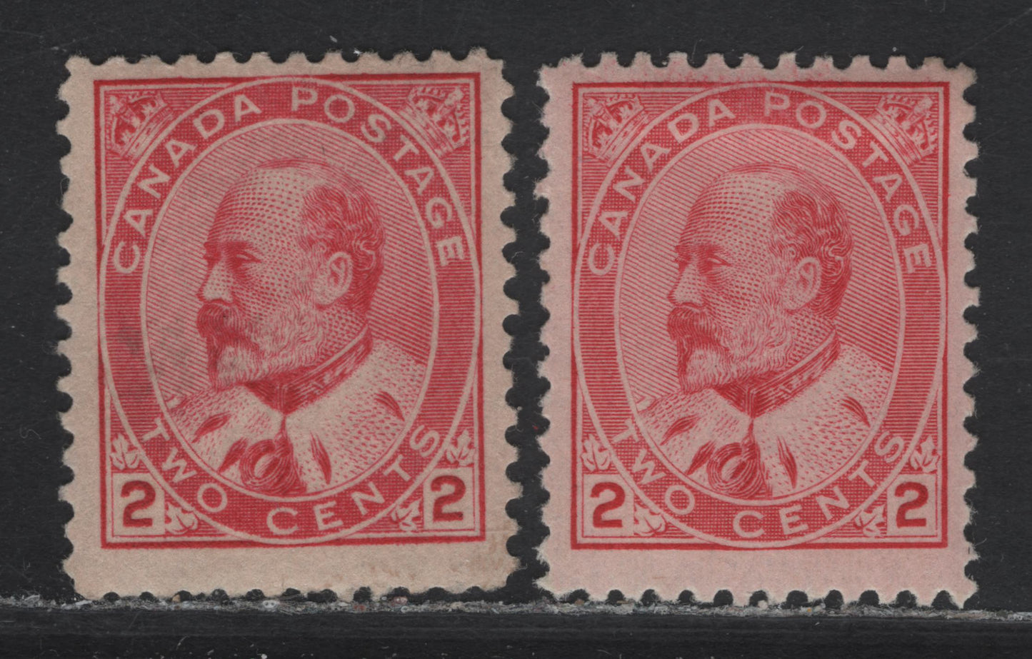 Lot 56 (C) Canada #90i 2c Rose Carmine & Pale Rose Carmine King Edward VII, 1903-1908 King Edward VII Issue, 2 FOG Singles, Papers ABN-B & ABN-YY, Perfs 12x11.9 & 12