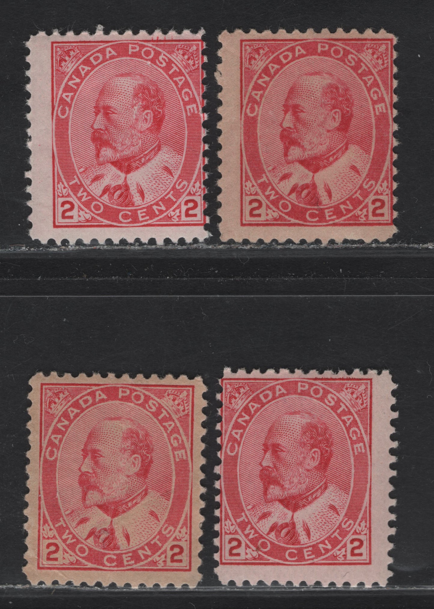Lot 60 (C) Canada #90, 90e, 90i 2c Carmine Rose - Pale Carmine Rose King Edward VII, 1903-1908 King Edward VII Issue, 3 VG/FOG Singles, Papers ABN-XX, ABN-A & ABN-B, Perfs 12, 11.8x11.9, 11.9x11.9 & 11.9
