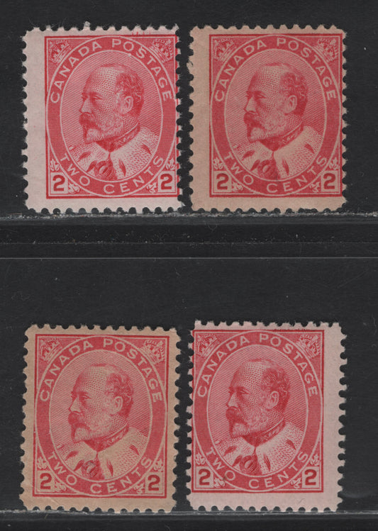 Lot 60 (C) Canada #90, 90e, 90i 2c Carmine Rose - Pale Carmine Rose King Edward VII, 1903-1908 King Edward VII Issue, 3 VG/FOG Singles, Papers ABN-XX, ABN-A & ABN-B, Perfs 12, 11.8x11.9, 11.9x11.9 & 11.9