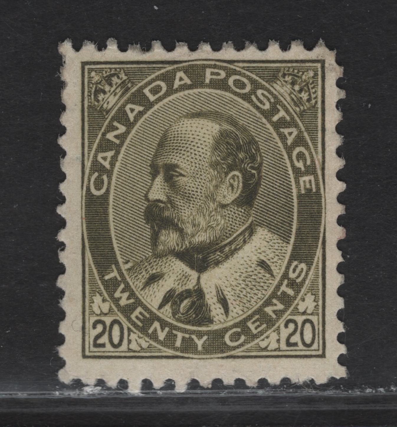 Lot 76 Canada #94 20c Olive Green King Edward VII, 1903-1908 King Edward VII Issue, A VGDOG Single, Paper ABN-A, Perf, Clear Sismondo Certificate Stating That The Stamp Is Regummed, But I Believe That This Has Original Gum That Has Been Redistributed.