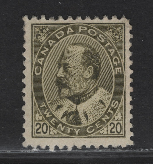 Lot 76 Canada #94 20c Olive Green King Edward VII, 1903-1908 King Edward VII Issue, A VGDOG Single, Paper ABN-A, Perf, Clear Sismondo Certificate Stating That The Stamp Is Regummed, But I Believe That This Has Original Gum That Has Been Redistributed.