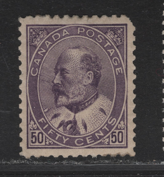 Lot 79 (C) Canada #95i 50c Deep Dull Violet King Edward VII, 1903-1908 King Edward VII Issue, A FOG Single, Paper ABN-B, Perf 11.9x12, The Gum Is Likely Original, But I Believe It Has Been Sweated In A Few Areas To Redistribute It.