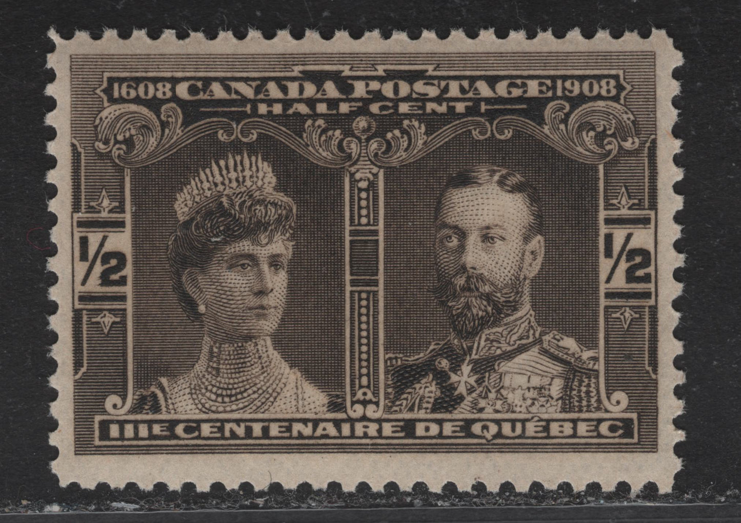 Lot 80 (C) Canada #96 1/2c Deep Black Brown Prince & Princess of Wales, 1908 Quebec Tercentenary Issue, A VFNH Single, Paper ABN-B, Perf 12x11.8