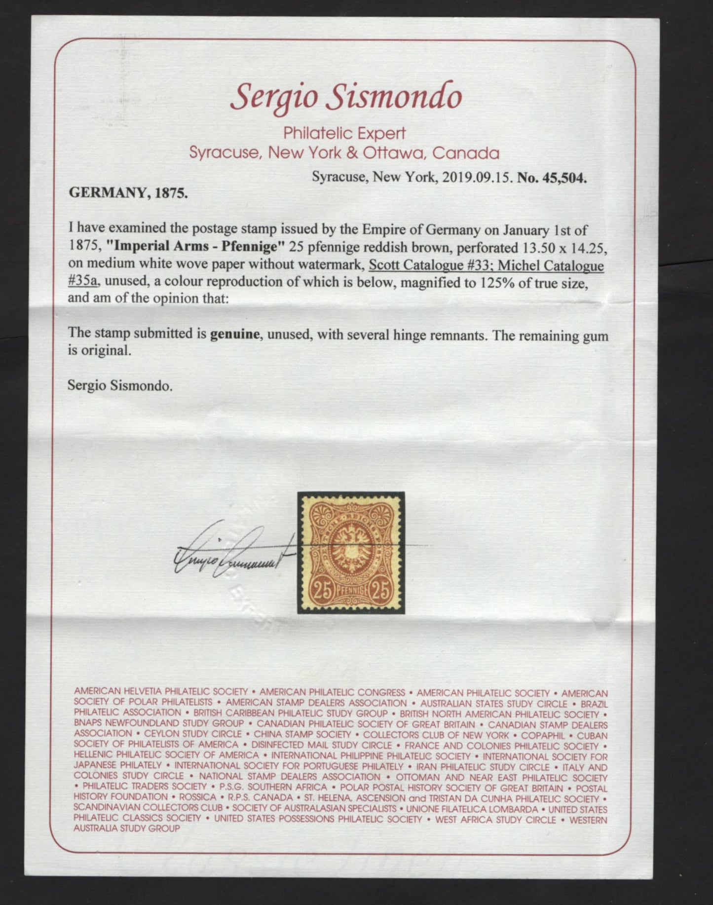 Lot 8 Germany SC#33 25pf Red Brown Eagle & Arms, 1875-1877 Embossed Eagle Arms Issue, A VFOG Single, Final 'E' on Pfenninge