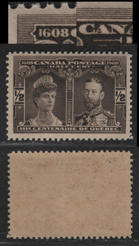 Lot 82 (C) Canada #96 1/2c Deep Black Brown Prince & Princess of Wales, 1908 Quebec Tercentenary Issue, A FNH Single, Paper ABN-B, Perf 12, Showing Very Weak Re-Entry Of '1608 & Can'.