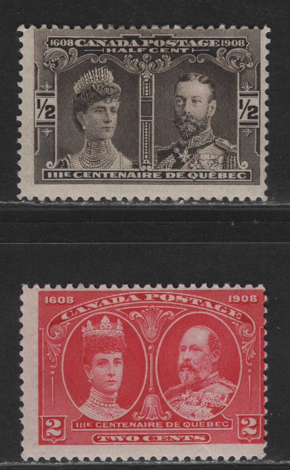 Lot 84 Canada #96, 98 1/2c - 2c Black Brown - Deep Carmine Rose Prince & Princess of Wales - King Edward VII & Queen Alexandra, 1908 Quebec Tercentenary Issue, 2 VG/FOG Singles, Papers ABN-B & ABN-A, Perf 12x11.9