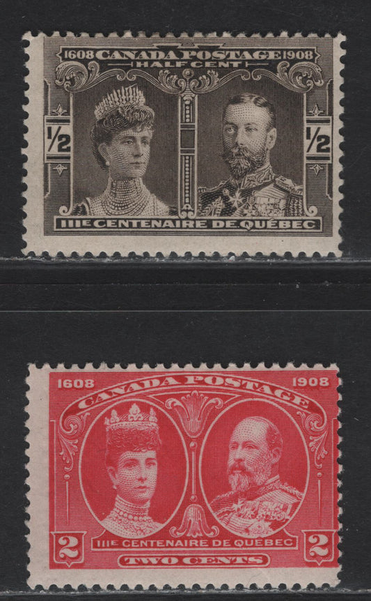 Lot 84 Canada #96, 98 1/2c - 2c Black Brown - Deep Carmine Rose Prince & Princess of Wales - King Edward VII & Queen Alexandra, 1908 Quebec Tercentenary Issue, 2 VG/FOG Singles, Papers ABN-B & ABN-A, Perf 12x11.9