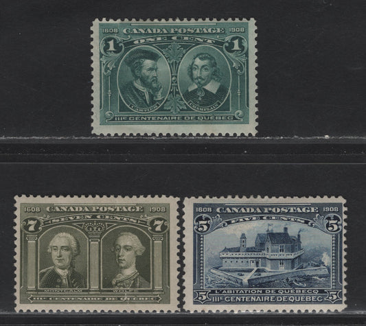 Lot 87 Canada #97, 99-100 1c - 7c Blue Green, Dark Blue & Brownish Olive Green Cartier & Champlain - Montcalm & Wolfe, 1908 Quebec Tercentenary Issue, 2 G/VGOG Singles, Papers ABN-A & ABN-B, Perfs 12 & 12.1x12