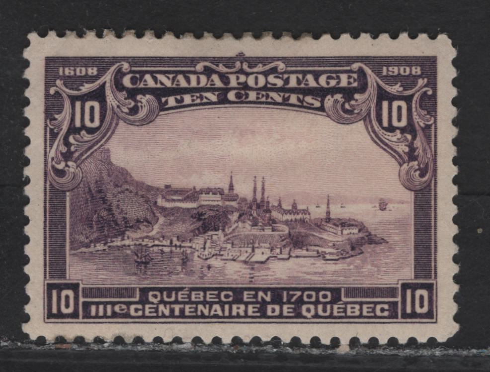 Lot 89 (C) Canada #101 10c Purple Quebec In 1700, 1908 Quebec Tercentenary Issue, A FOG Single, Paper ABN-A, Perf 12, Tiny Hinge Thin.