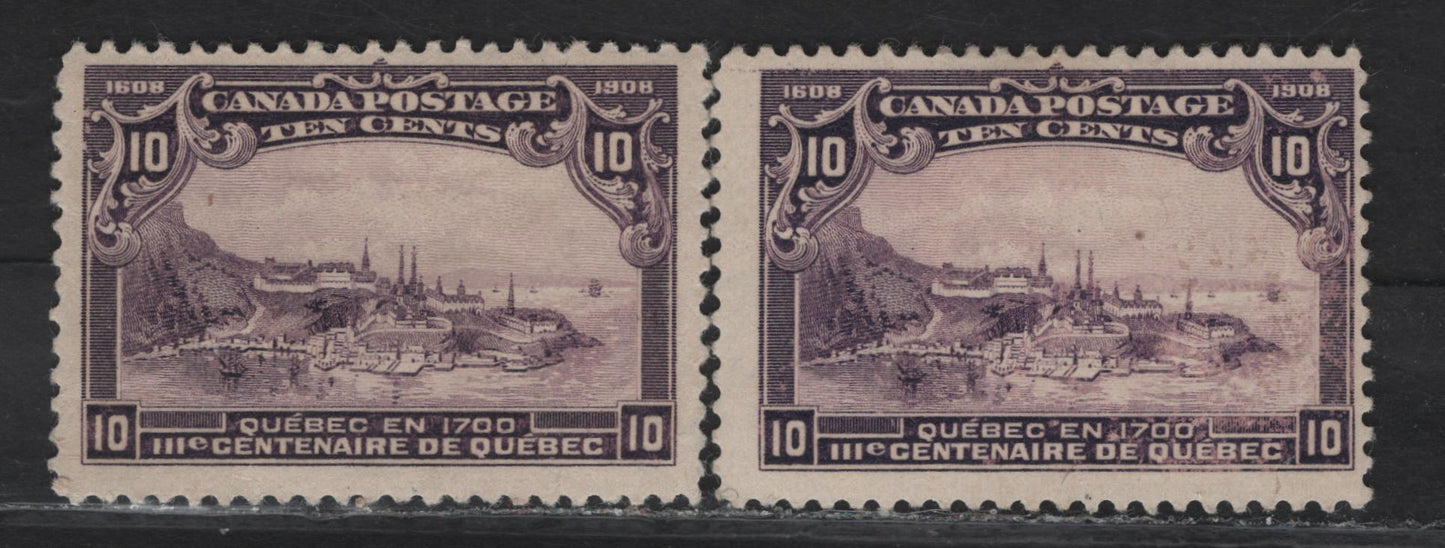 Lot 91 Canada #101 10c Purple & Deep Purple Quebec In 1700, 1908 Quebec Tercentenary Issue, 2 VG/FOG Singles, Paper ABN-A, Perfs 12x11.9 & 12x12.1