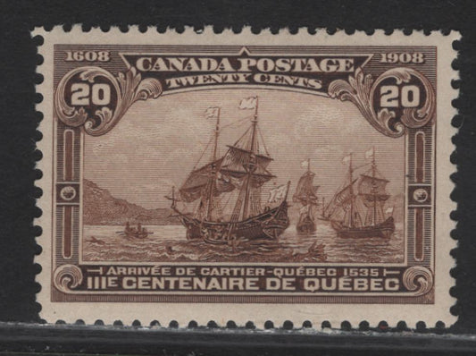 Lot 93 (C) Canada #103 20c Brown Cartier's Arrival, 1908 Quebec Tercentenary Issue, A VFOG Single, Paper ABN-A, Perf 12
