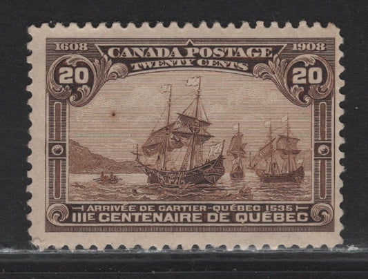 Lot 94 Canada #103 20c Brown Cartier's Arrival, 1908 Quebec Tercentenary Issue, A FOG Single, Paper ABN-A, Perf 12