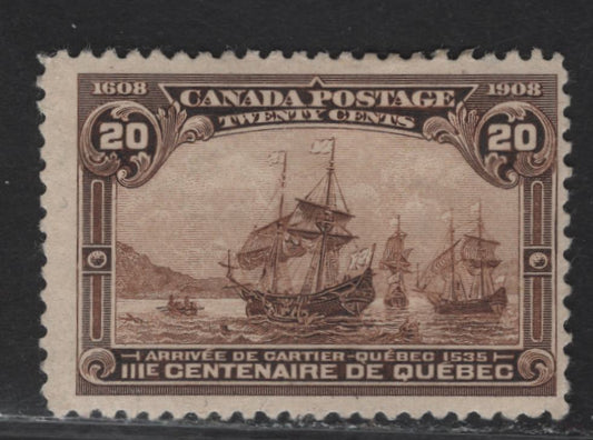 Lot 95 Canada #103 20c Brown Cartier's Arrival, 1908 Quebec Tercentenary Issue, A VGOG Single, Paper ABN-A, Perf 12, Shallow Hinge Thin On Bacl.