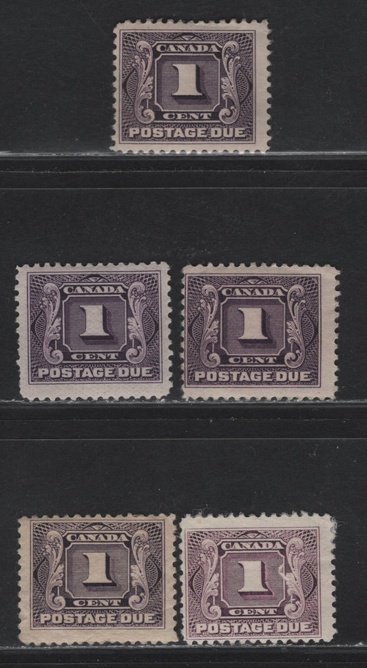 Lot 98 Canada #J1, J1a, J1c 1c Rose Lilac - Blackish Purple Numeral, 1906-1928 First Postage Dues, 5 G/VG/FOG Singles, Wet & Dry Printings On Various Papers & Perfs