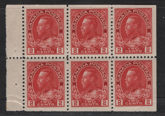 Lot 100 (C) Canada  #106a 2c Carmine Red King George V, 1911-1925 Admiral Issue, A VFNH Booklet Pane Of 6, Paper ABN-B, Perf 11.9x11.85, A Couple of Light Bends From The Original Booklet The Pane Came From.