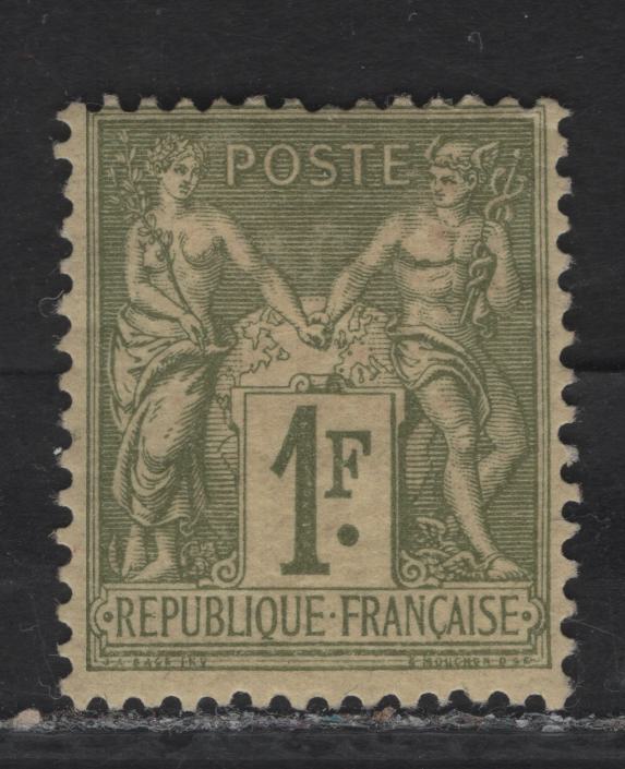 Lot 10 France SC#84 1fr Bronze Green on Straw Peace & Commerce, 1876-1877 Peace & Commerce Issue, A FOG Single, Type II, Fine Centering For This issue