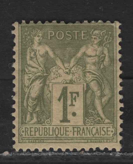 Lot 10 France SC#84 1fr Bronze Green on Straw Peace & Commerce, 1876-1877 Peace & Commerce Issue, A FOG Single, Type II, Fine Centering For This issue