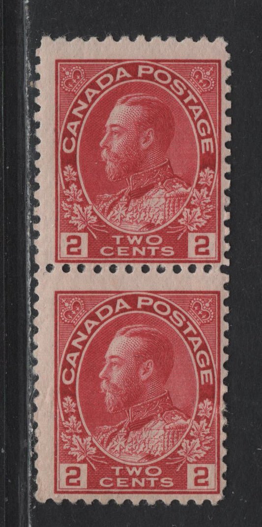 Lot 103 (C) Canada  #106xiii 2c Deep Rose Carmine King George V, 1911-1925 Admiral Issue, A VG/FNH Vertical Pair, Experimental Coil Pair, Signed JNS, Paper ABN-A, Retouched Frameline, Horizontal Crease On One Stamp.