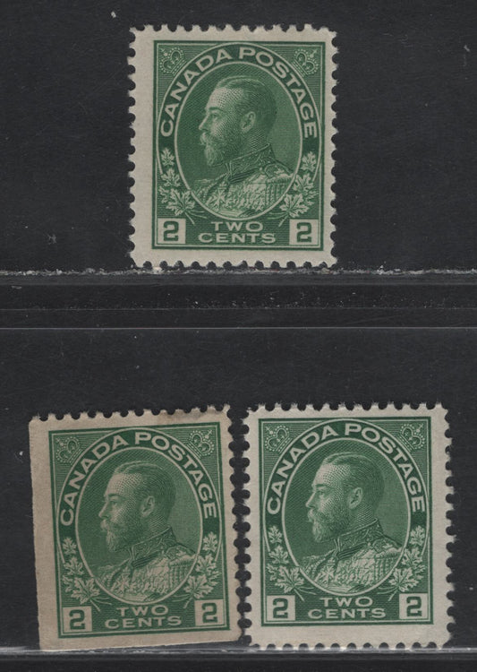 Lot 112 (C) Canada  #107iv, 107e 2c Yellowish Green & Green King George V, 1911-1925 Admiral Issue, 3 FOG Singles, Dry Printings, Papers AND-N, ABN-J & ABN-OOO, Redrawn Framelines, Perfs 12x12, 11.9 & 12x11.9, Design Size 17.5x21.3mm.