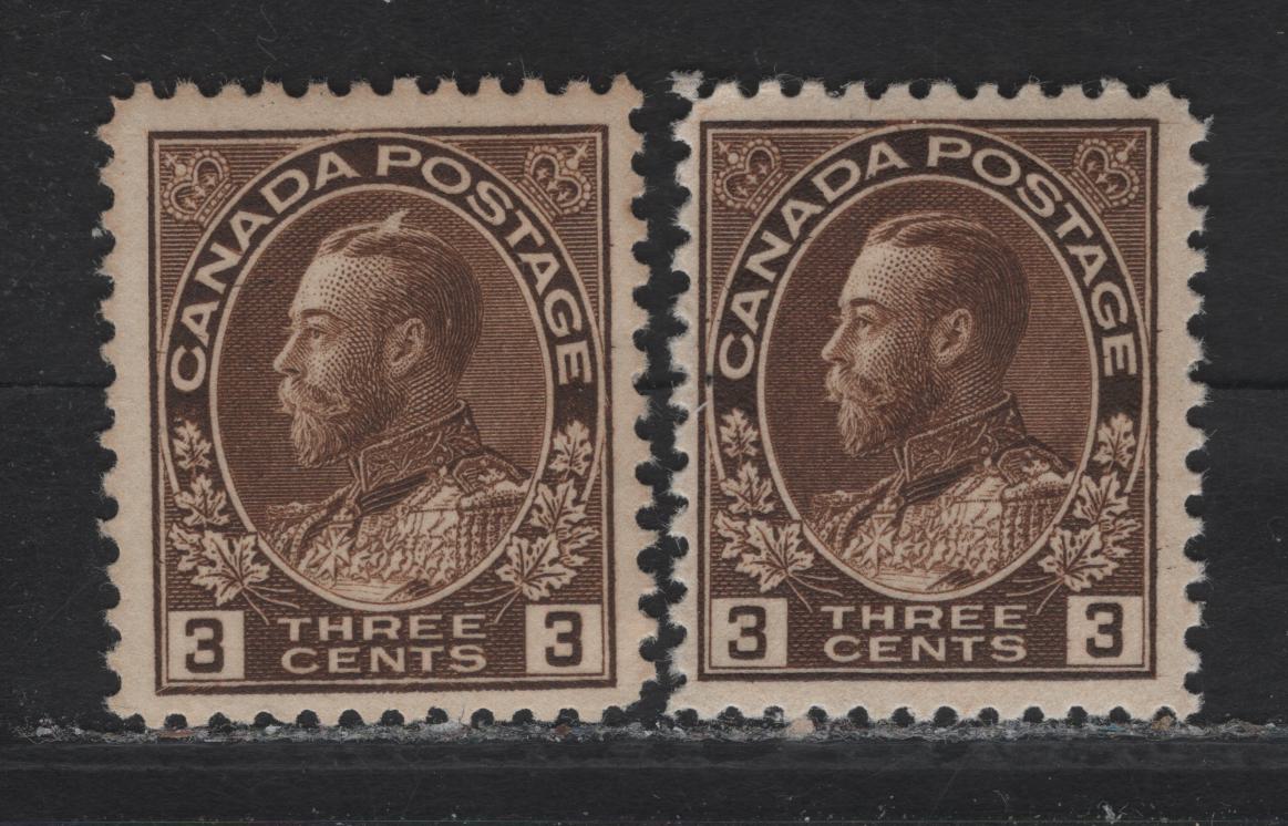 Lot 115 (C) Canada  #108 3c Brown & Reddish Dark Brown King George V, 1911-1925 Admiral Issue, 2 FNH Singles, Paper ABN-E, Perfs 12 & 11.9x12