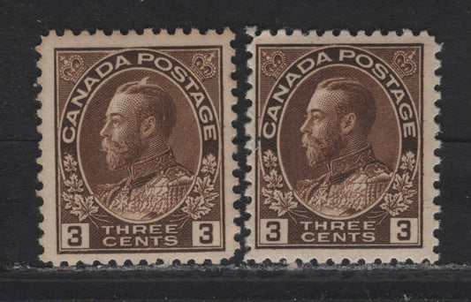 Lot 115 (C) Canada  #108 3c Brown & Reddish Dark Brown King George V, 1911-1925 Admiral Issue, 2 FNH Singles, Paper ABN-E, Perfs 12 & 11.9x12