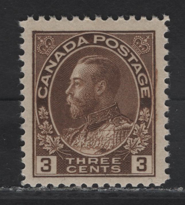 Lot 116 (C) Canada  #108c 3c Brown King George V, 1911-1925 Admiral Issue, A VFNH Single, Dry Printing, Paper ABN-F, Redrawn Frameline, Perf 12x11.9, Design Size 17.6x21.3mm.