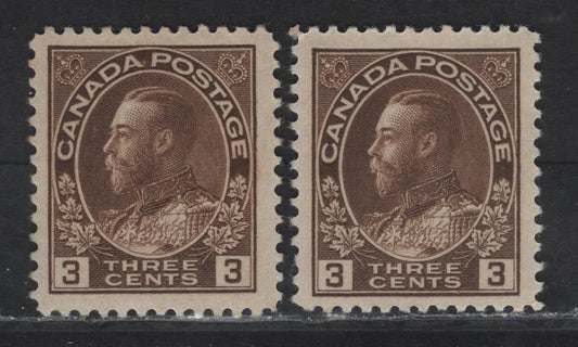 Lot 117 (C) Canada  #108c 3c Brown King George V, 1911-1925 Admiral Issue, 2 VFOG Singles, Dry Printings, Papers ABN-F & ABN-G, Redrawn Framelines, Perfs 11.9x12 & 11.9x11.75.