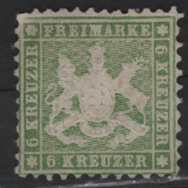 Lot 12 Germany - Wurttemburg SC#32 6kr Green Arms, 1862 Embossed Arms Issue, A Very Fine Unused Single